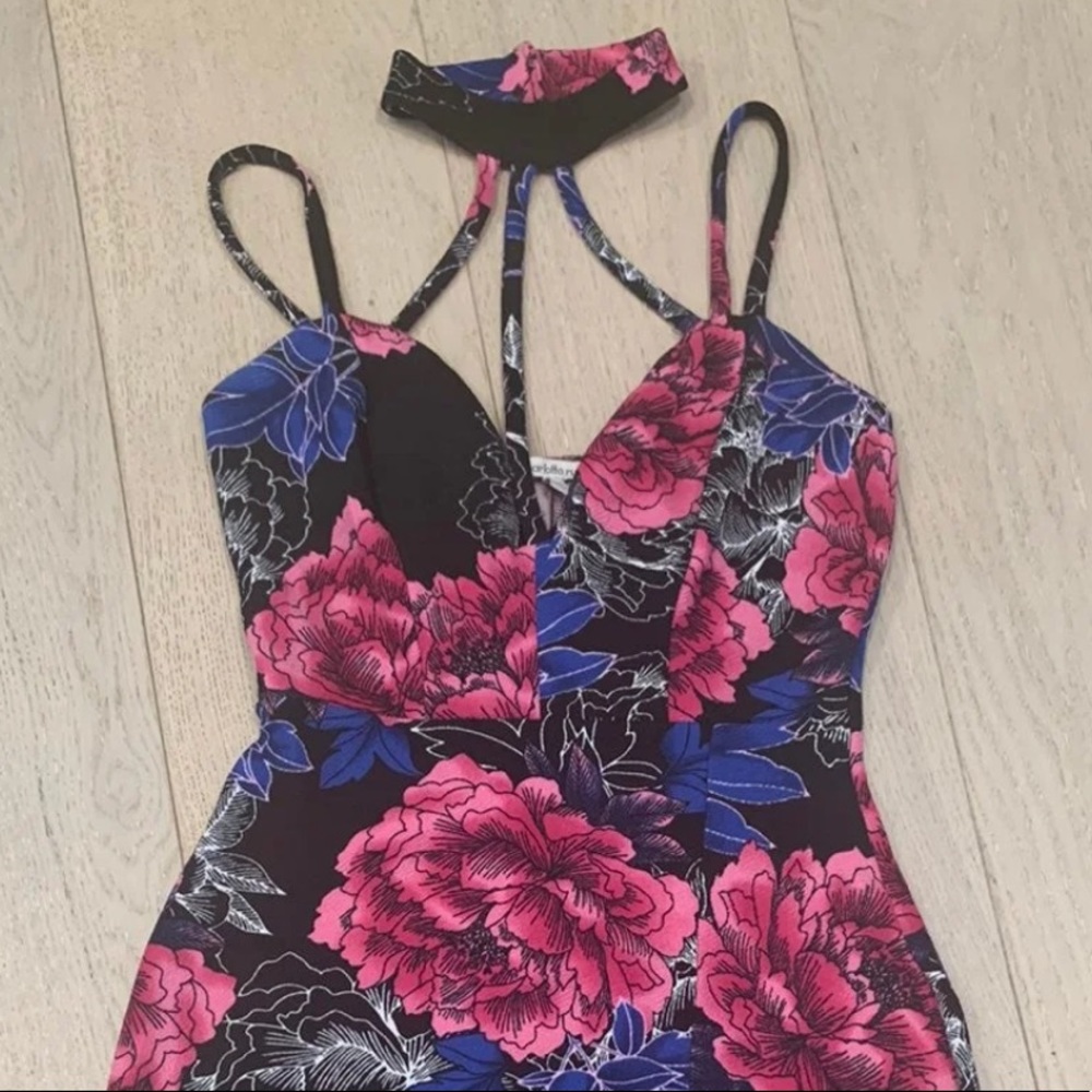 Floral Criss Cross Cutout Dress with Attached Choker & Slit